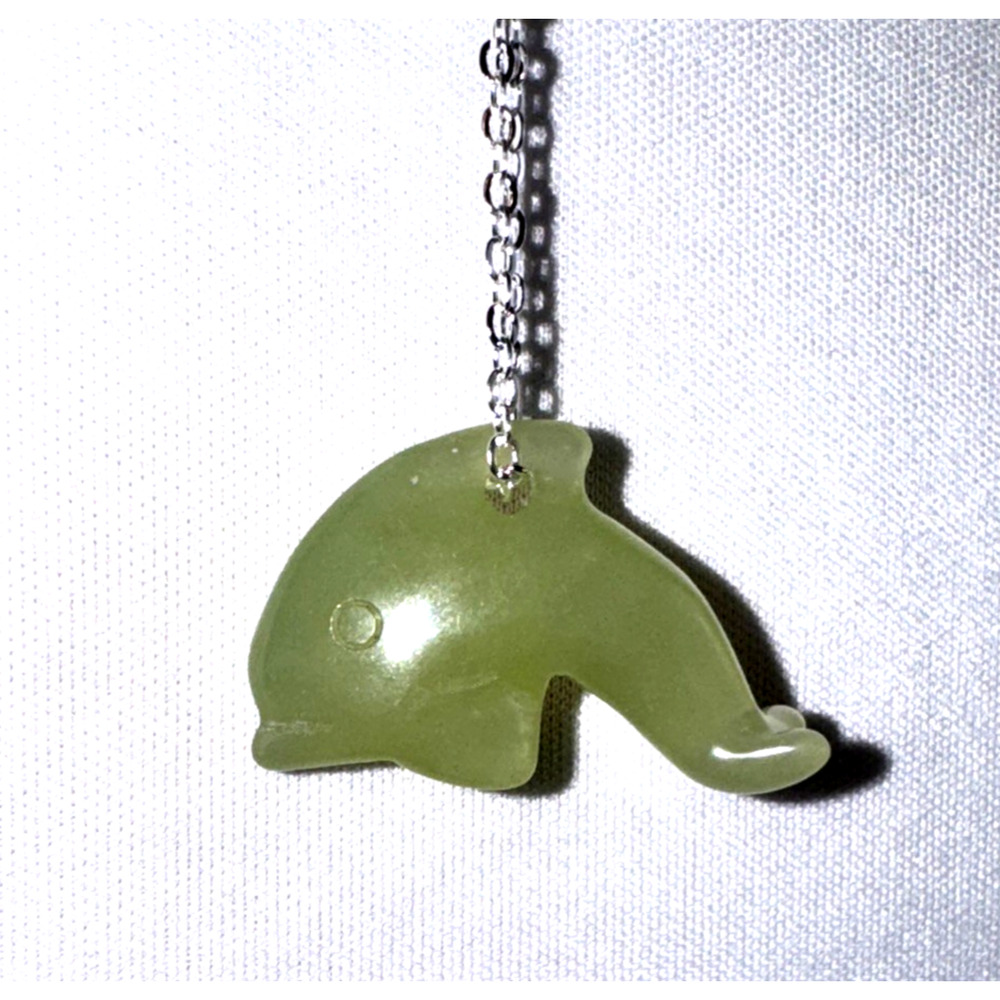Dolphin Necklace Jewelry Bling Green Jasper? Silver Tone Chain Genuine Stone